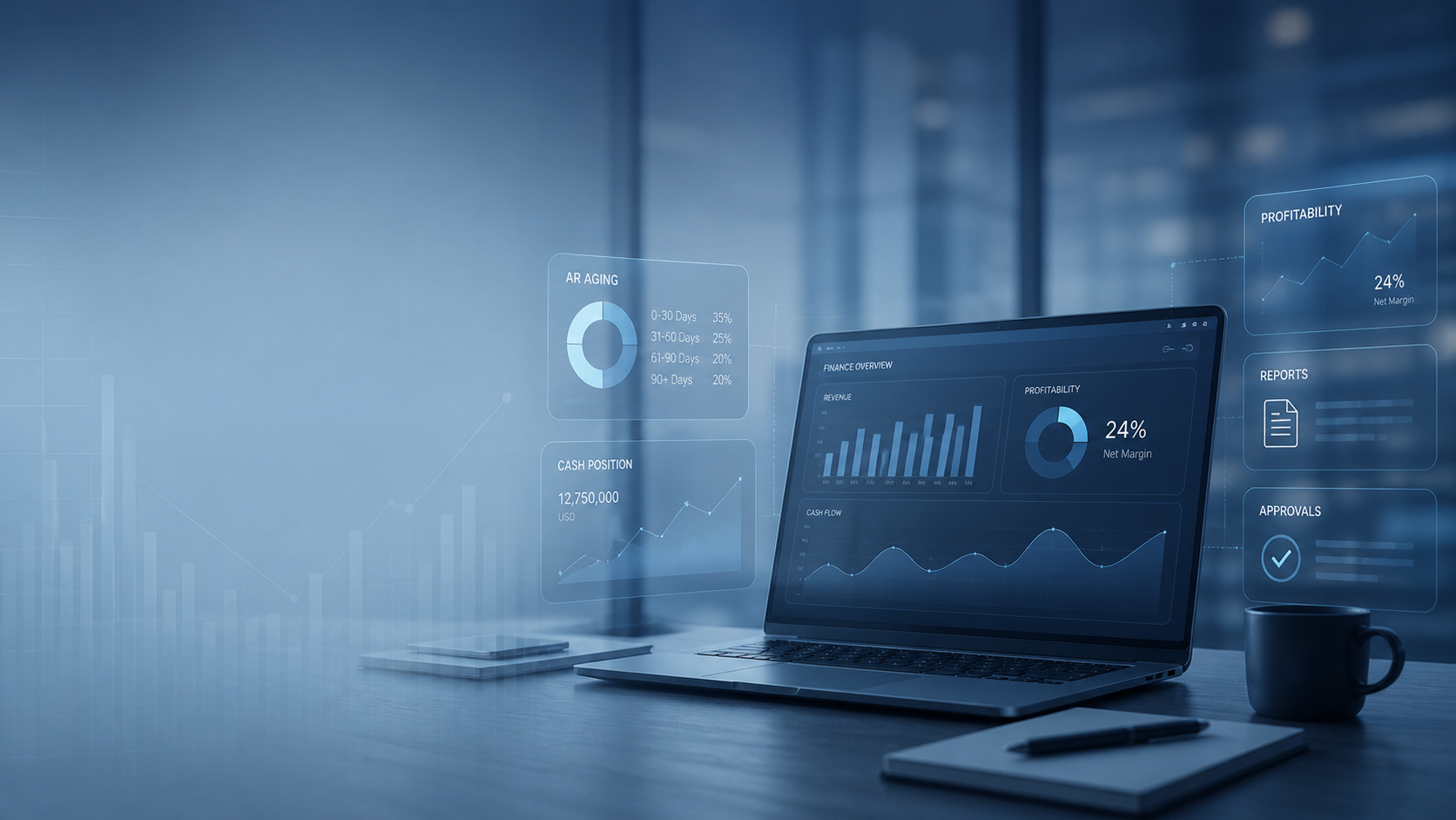 Finance-led operations — controller workspace with GL, reporting, and operational finance signals